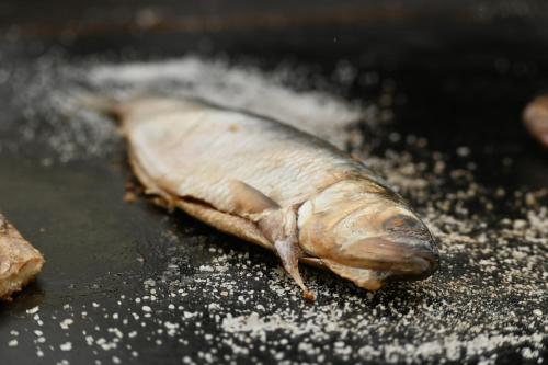 a dead fish is cooking on a grill at Egreta By Hoxton in Uzlina