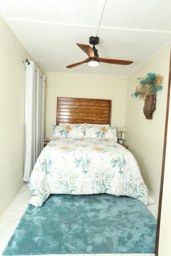 a bedroom with a bed and a ceiling fan at Hidden gem in Kingston