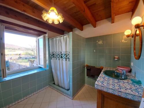 une salle de bain avec une douche et un lavabo et une fenêtre dans l'établissement Périgord Vert - Animaux acceptés, à Quinsac