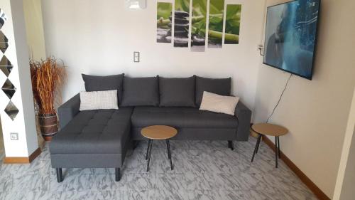 a living room with a couch and two tables at Apartmani Delas 2 in Pješčana Uvala 