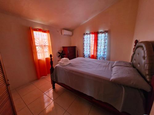 a bedroom with a bed and two windows at Beautiful 1-Bed House in Old Harbour gated in Old Harbour