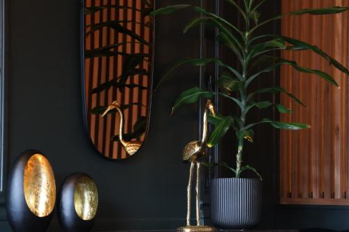 een plant in een vaas op een tafel met een spiegel bij Hotel XL in Zandvoort
