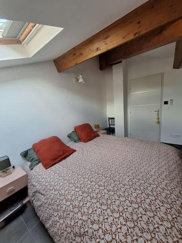 une chambre avec un grand lit avec des oreillers rouges dans l'établissement Appartement 3 pièces vue mer, à Bastia