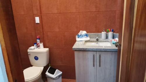 y baño con aseo y lavamanos. en Villa La Divina Providencia, en San Luis
