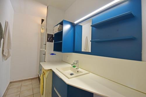 baño con lavabo y armarios azules en Freda, en Marigot