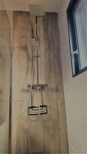 une douche dans une salle de bain avec une pomme de douche dans l'établissement Pied à terre central Pays Basque, à Larressore