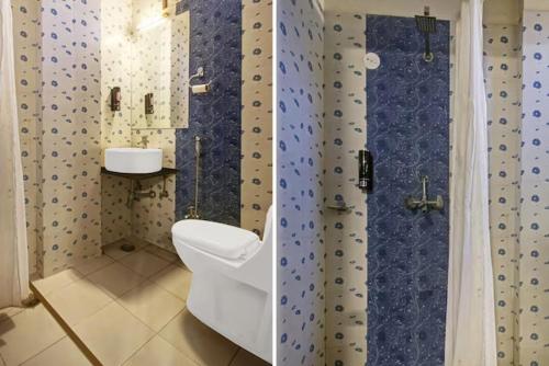 a bathroom with a shower and a toilet and a sink at Tipsyy Heritage Heights in Jaipur