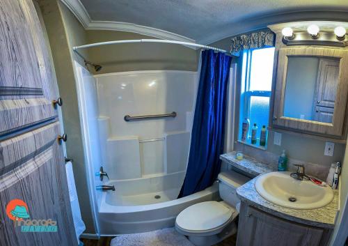 uma casa de banho com um chuveiro, um WC e um lavatório. em Pinecraft Cottage Tiny Home em Sarasota