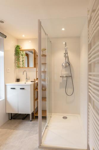 une salle de bain avec douche et lavabo dans l'établissement AU 56 - CENTRE VILLE - QUARTIER SAINT-LÉONARD, à Honfleur