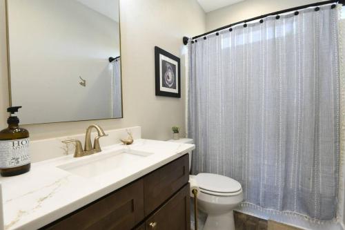 een badkamer met een wastafel, een toilet en een spiegel bij The Ansley at Clermont Harbor in Clermont Harbor