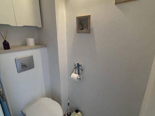 une salle de bain avec des toilettes et un rouleau de papier toilette dans l'établissement Appartement 4 pers, piscine, parking, climatisé, proche plage, salle de sport et commodités - FR-1-723-136, au Cap d'Agde