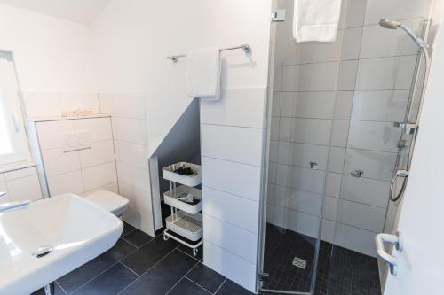 een badkamer met een douche, een wastafel en een toilet bij Hotel Apartments Restaurant CALA LUNA in Marburg an der Lahn
