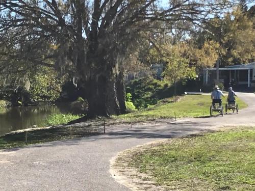 two people riding bikes down a path next to a lake at Pinecraft Tiny Home 'Green Parrot ' in Sarasota