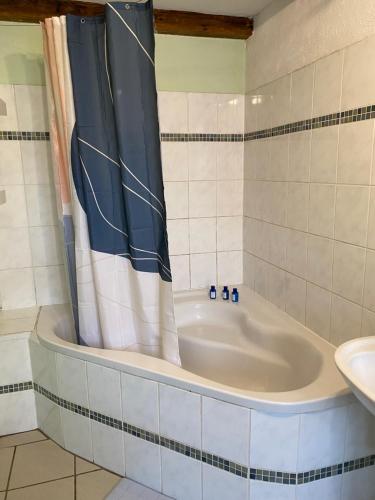 a bath tub with a shower curtain in a bathroom at Haus Monika in Homburg