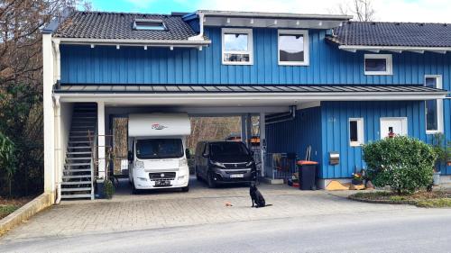 a cat sitting in front of a garage with a truck at Apartment Niesenpoint in Albersdorf