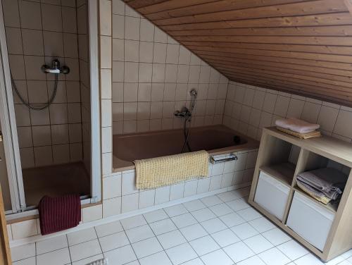 a bathroom with a shower and a bath tub at Ferienwohnung Pusteblume in Marktbergel