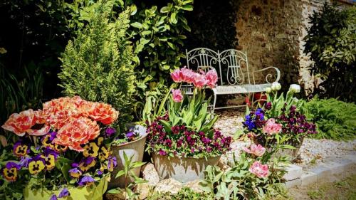 a garden with a bench and some flowers at La plaine de l'Angelus in Chailly-en-Bière
