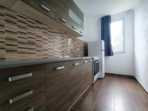 uma grande cozinha com armários de madeira e uma janela em Villa Meadow em Kobiljača