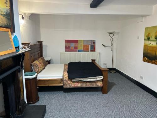 a bedroom with a bed and a tv in it at Antic Cottage for Family in Nottingham