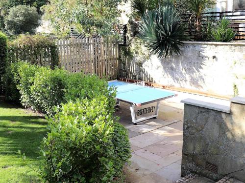 una mesa de ping pong en un jardín con arbustos en St Rhadagunds Cottage East - Pet friendly en Ventnor