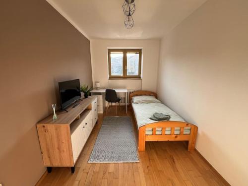 a bedroom with a bed and a desk with a television at Apartmán v centre in Banská Bystrica