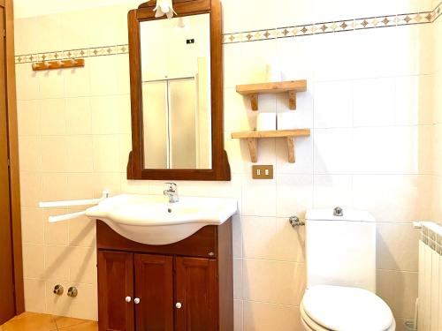 een badkamer met een wastafel, een toilet en een spiegel bij Il Trebbio in Barga