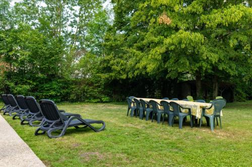 a group of chairs and a table in the grass at Manoir romantique 8 mn du lac et 2 heures de Paris in Montier-en-Der
