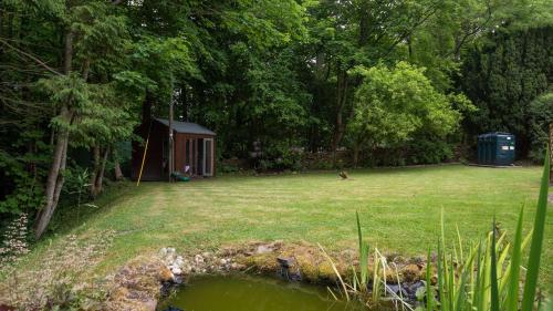 a yard with a shed and a pond in the grass at East Lodge at Ashiestiel in Clovenfords