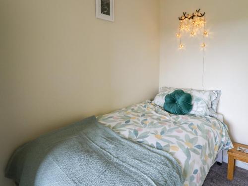 a bedroom with a bed and a chandelier at Blaenferwig in New Quay