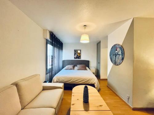 un salon avec un lit et un canapé dans l'établissement Grand studio en hyper-centre, à Toulouse