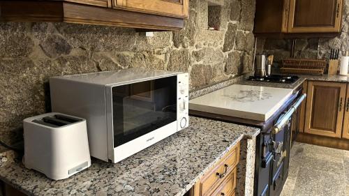 a microwave sitting on a counter in a kitchen at Pazo de San Pedro de Bembibre in Taboada