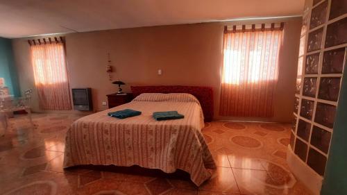 um quarto com uma cama com duas toalhas em Moni Moni P A em Río Gallegos