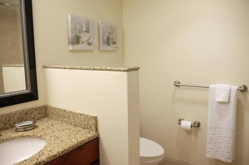 a bathroom with a sink and a toilet and a mirror at Deluxe Downtown Apt #404 with AC in Halifax