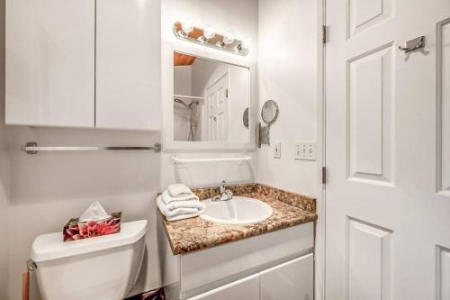 a bathroom with a sink and a toilet and a mirror at Beautiful Cabin Right next to Lake Okanagan #5 in West Kelowna