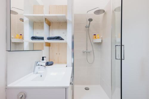 une salle de bain avec un lavabo et une douche dans l'établissement Studio Vichy célestin Villa Marie Celine, à Vichy