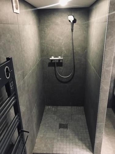 une salle de bain avec une douche avec un lavabo et une douche dans l'établissement Maison Surf & Nature à Hendaye, à Hendaye