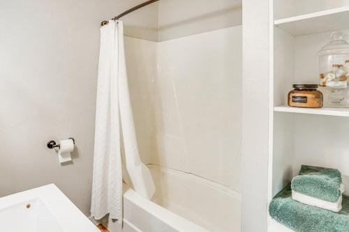 ein Badezimmer mit einem Duschvorhang und einer Badewanne in der Unterkunft Pet-Friendly Watertown Home about 1 Mi to Downtown! in Watertown