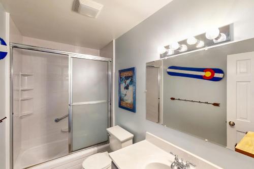 een badkamer met douche, toilet en wastafel bij Hi Country Haus Haven in Winter Park