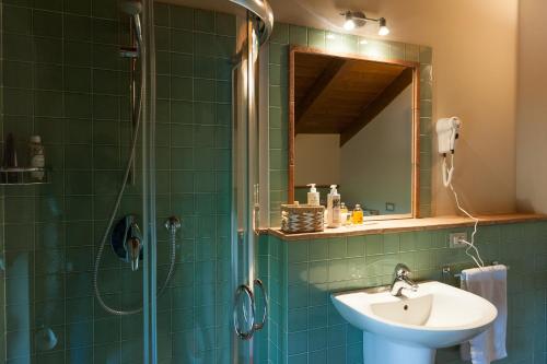 un bagno con lavandino e doccia con specchio di Agriturismo Le Tre Rose - Cantina Zanello a Rosignano Monferrato