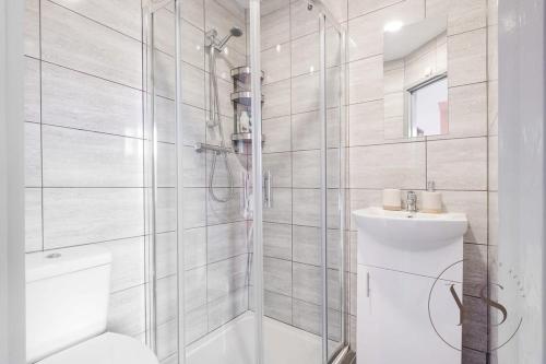a bathroom with a shower and a toilet and a sink at Gorgeous Longton Studio 1d in Stoke on Trent