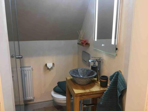 Ett badrum på Modernes Apartment mit herrlichem Blick ins Gruene