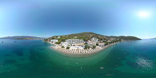 an aerial view of an island in the ocean at New Aegli Resort Hotel in Poros