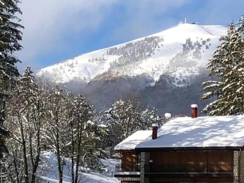 a cabin with a snow covered mountain in the background at LH Albergo il Picchio in Pescasseroli