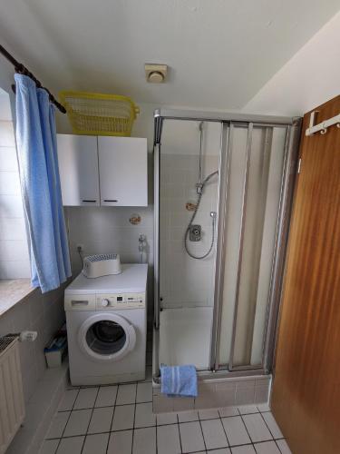 ein Bad mit einer Dusche und einer Waschmaschine in der Unterkunft Ferienwohnung Blumenweg in Büchen