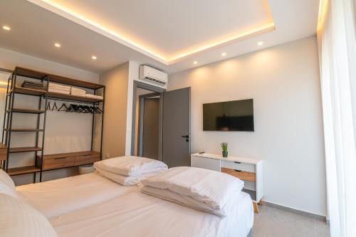 ロードス・タウンにあるUnique Central Lee Pham Apartmentのベッドが2つと壁にテレビがある寝室