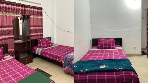 two beds in a room with purple sheets at Mohammadia Restaurant & Guest House Near United Hospital in Dhaka