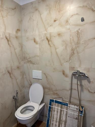 a bathroom with a toilet and a marble wall at Luxury apartment in the calmest area in Tirana