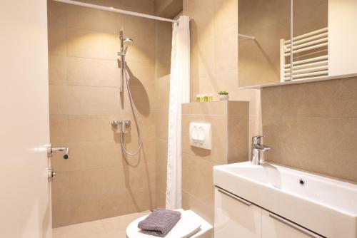 a bathroom with a shower and a toilet and a sink at Goldberg Apartments Osijek in Osijek