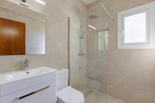 a bathroom with a shower and a toilet and a sink at Villa Lynn Chill Out Seaview in Ayia Napa
