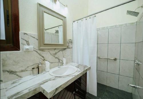 y baño con lavabo, ducha y espejo. en Vista Azul Condo . Amazing Place, en Manuel Antonio
